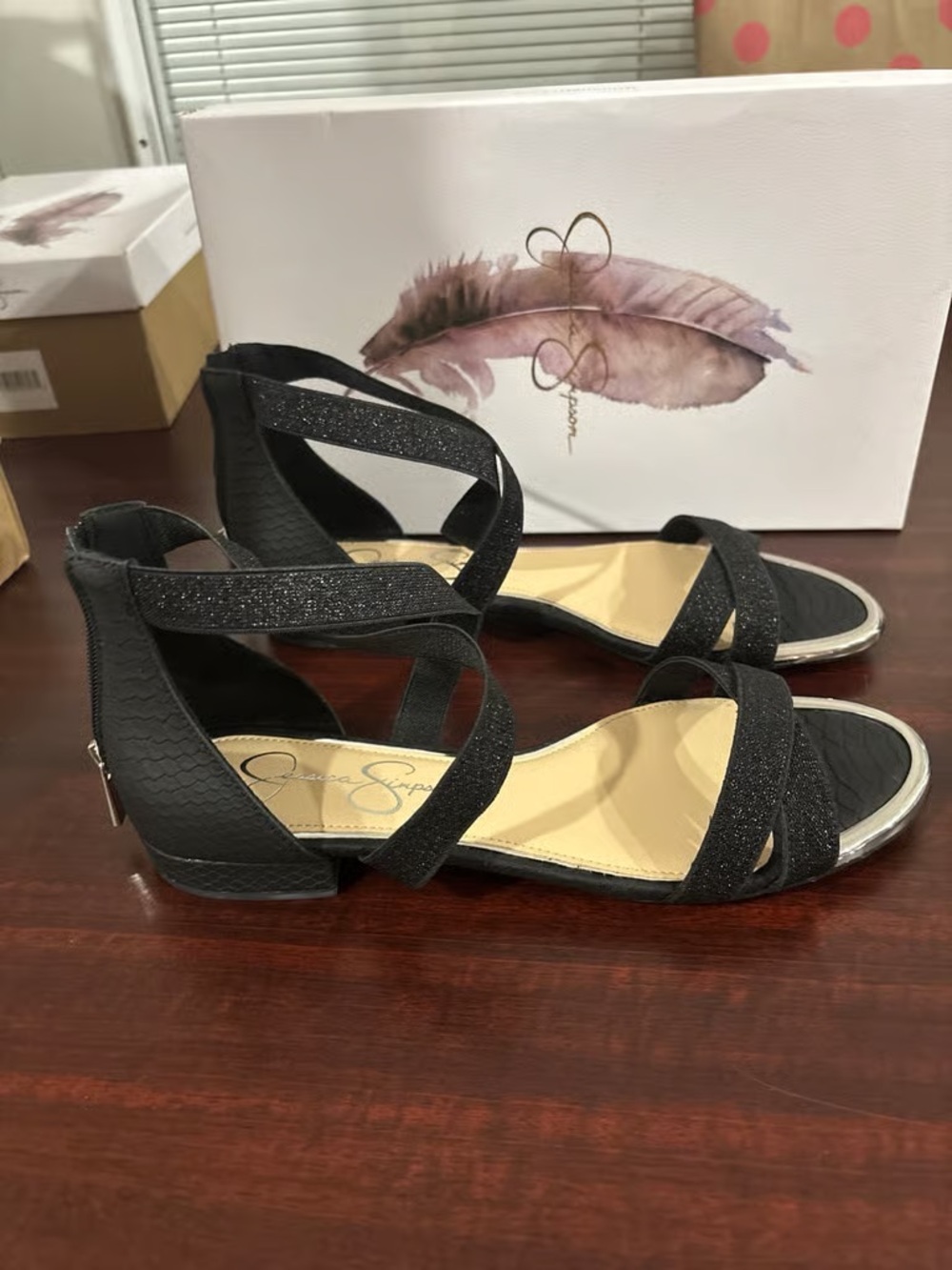 Jessica Simpson Black Glitter Cross-Strap Flat Sandals